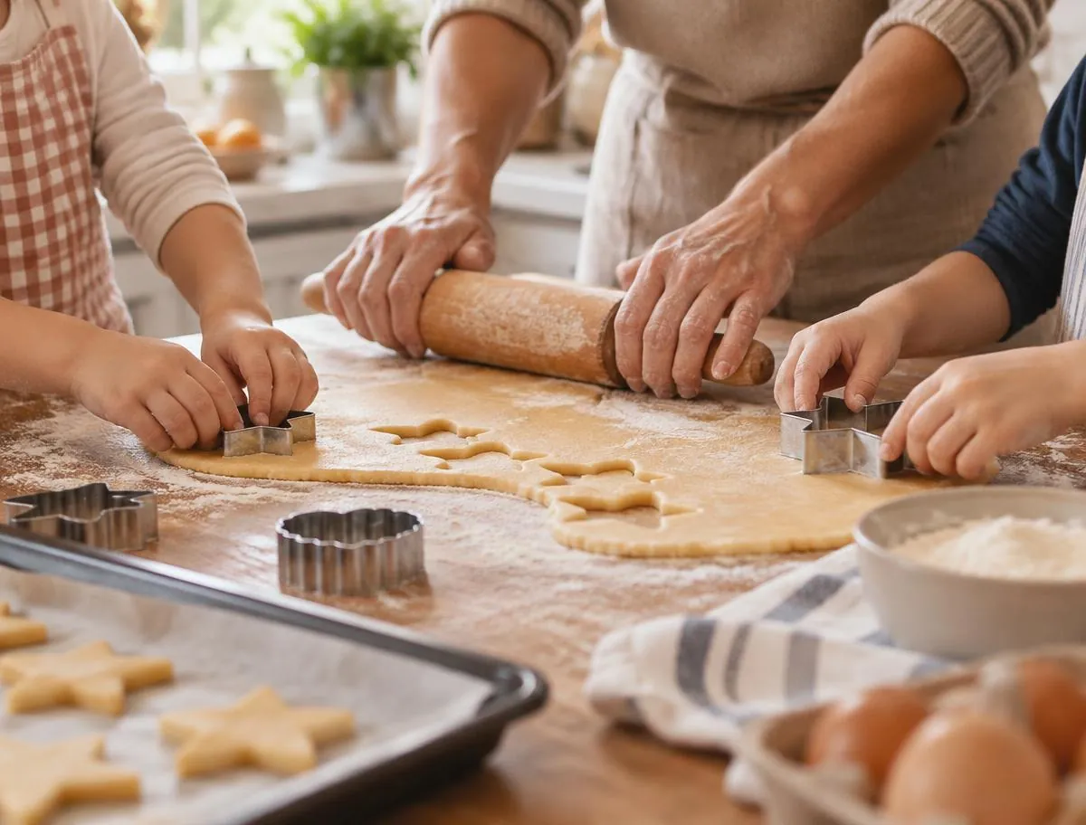 Adult and children baking together