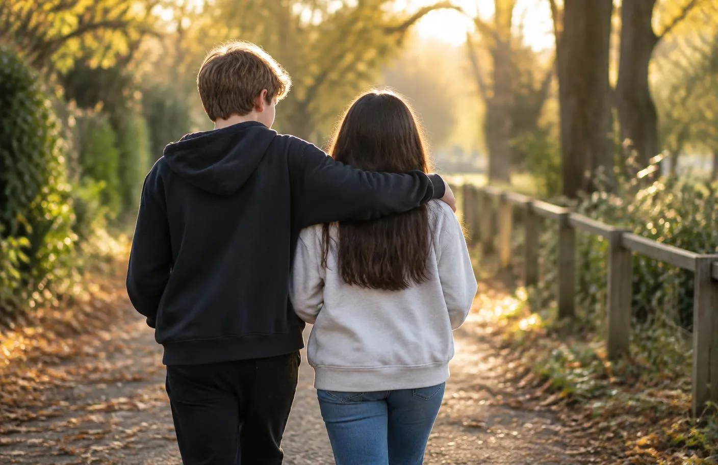 Two young people walking together on a tree-lined path